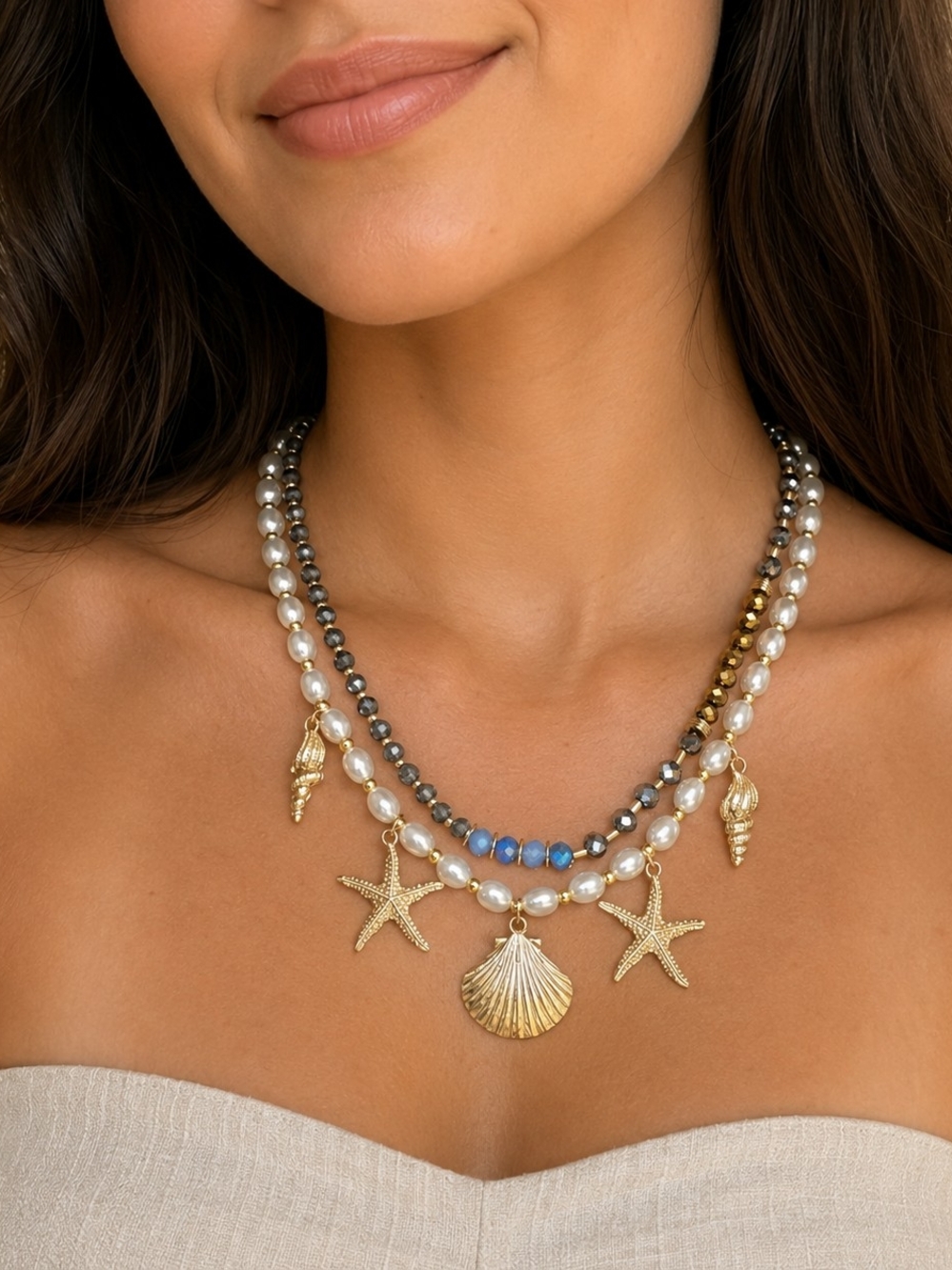 Coastal Charm Pearl Necklace Starfish Shell Pendant Chunky Layered Beach Jewelry - Picture 2 of 3